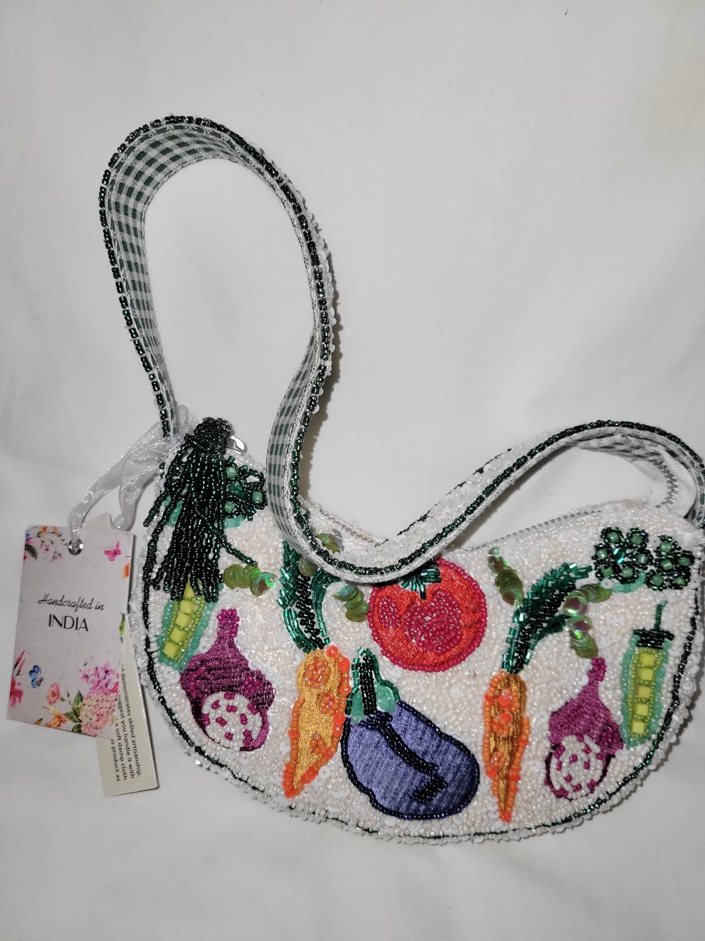 Handcrafted Beaded Vegetable Motif Shoulder Bag - White